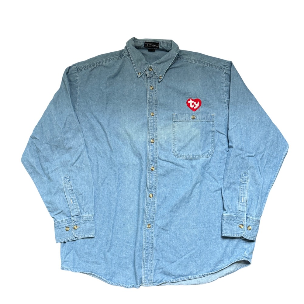 Vintage LA Loving Ty Beanie Babies Denim Button Up Shirt Mens XL Light Wash